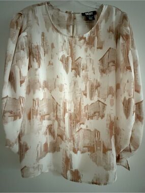 DKNY Cream and Tan Abstract Brushstroke Blouse